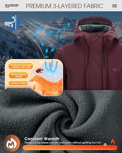 Fleece lining, 2-Way Zipper, 4 Pockets, Adjustable Waist, Windproof, Warm, Breathable, for Outdoor, Hiking, Walking