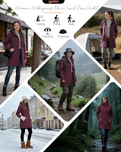 Fleece lining, 2-Way Zipper, 4 Pockets, Adjustable Waist, Windproof, Warm, Breathable, for Outdoor, Hiking, Walking