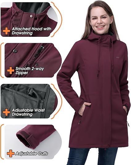 Fleece lining, 2-Way Zipper, 4 Pockets, Adjustable Waist, Windproof, Warm, Breathable, for Outdoor, Hiking, Walking