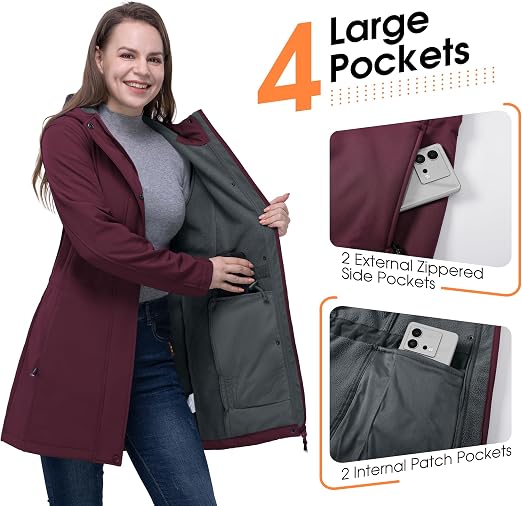 Fleece lining, 2-Way Zipper, 4 Pockets, Adjustable Waist, Windproof, Warm, Breathable, for Outdoor, Hiking, Walking