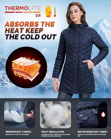 Thermolite Infrared Technology Quilted Jacket, Water Resistant, Transitional Jacket with Hood for Cold, Wet Weather